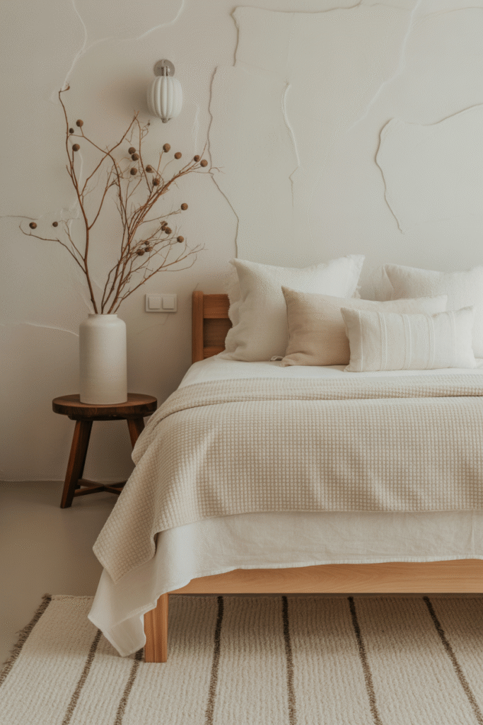 Modern bedroom with refreshed furniture layout featuring neutral tones and open space.