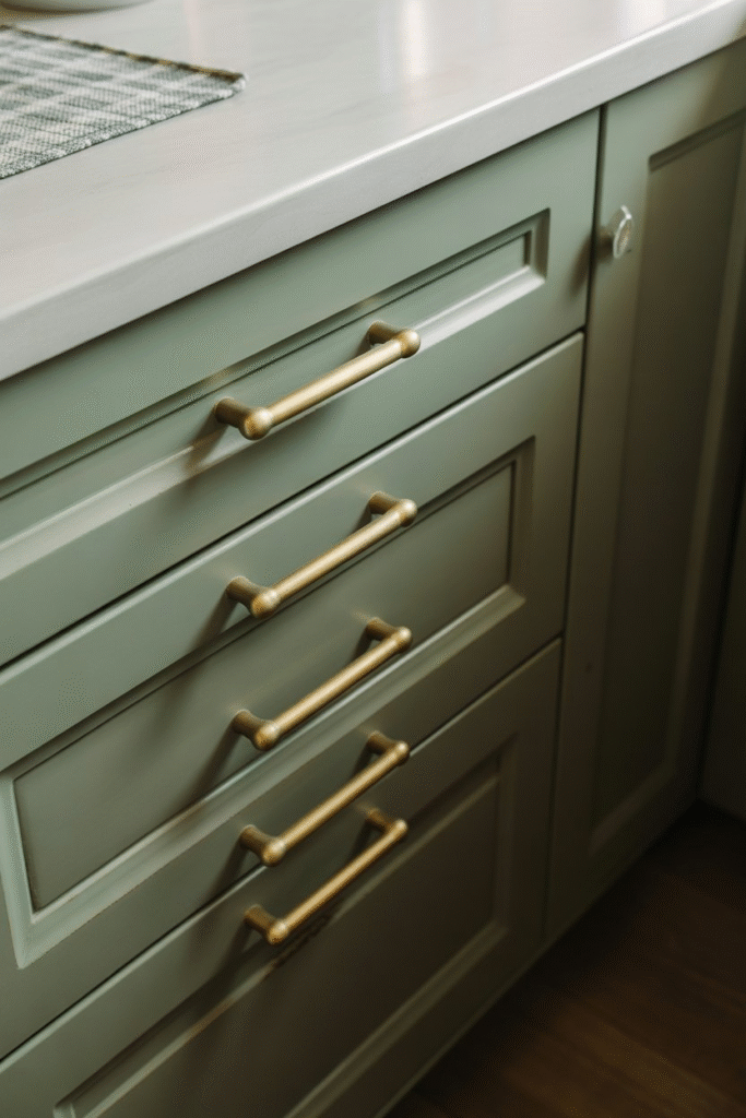 Kitchen cabinet close-up with new brass handles showing an easy renter-friendly upgrade.