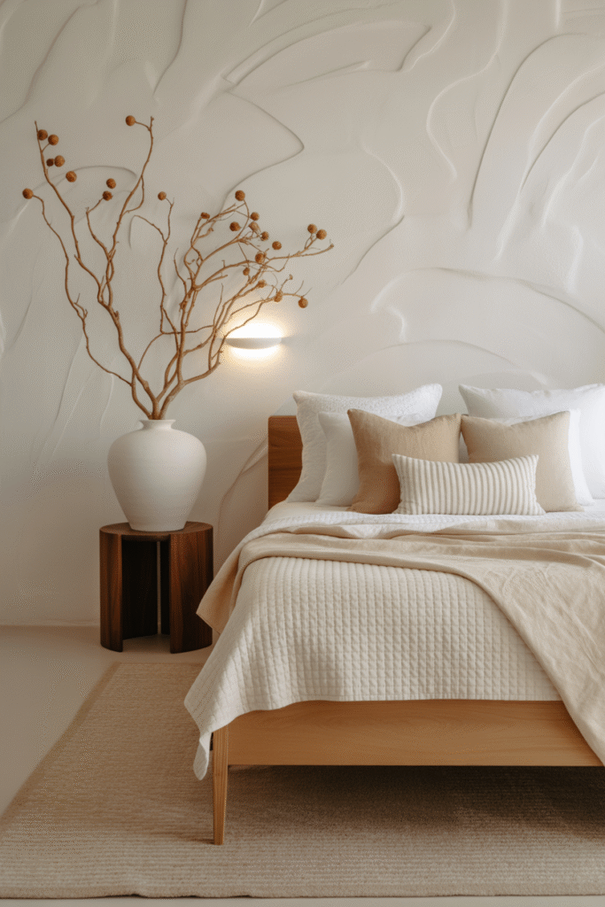 Modern bedroom with refreshed furniture layout featuring neutral tones and open space.