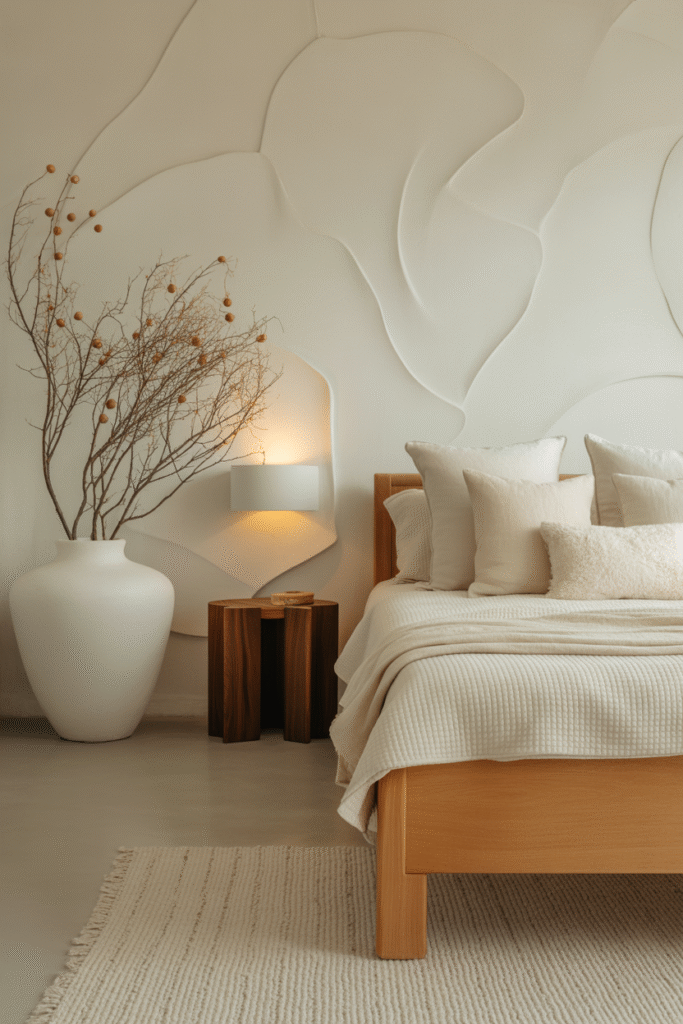 Modern bedroom with refreshed furniture layout featuring neutral tones and open space.