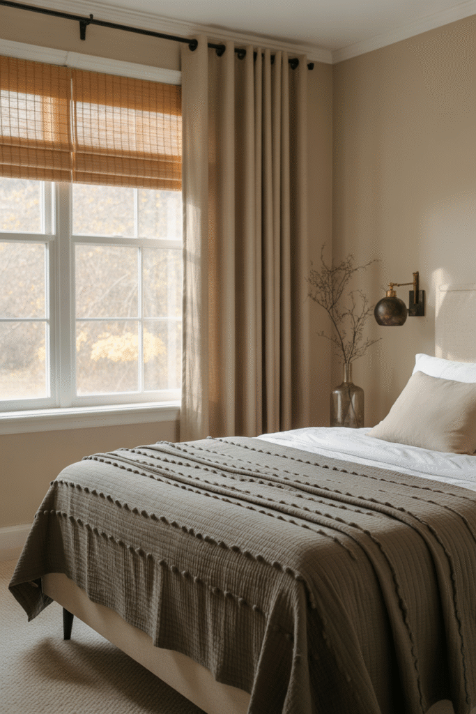 Bedroom with soft linen curtains allowing sunlight to create a tranquil glow.