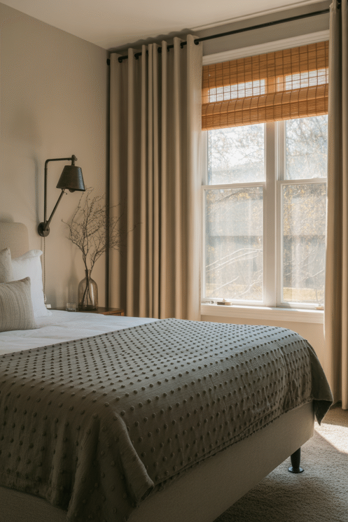 Bedroom with soft linen curtains allowing sunlight to create a tranquil glow.