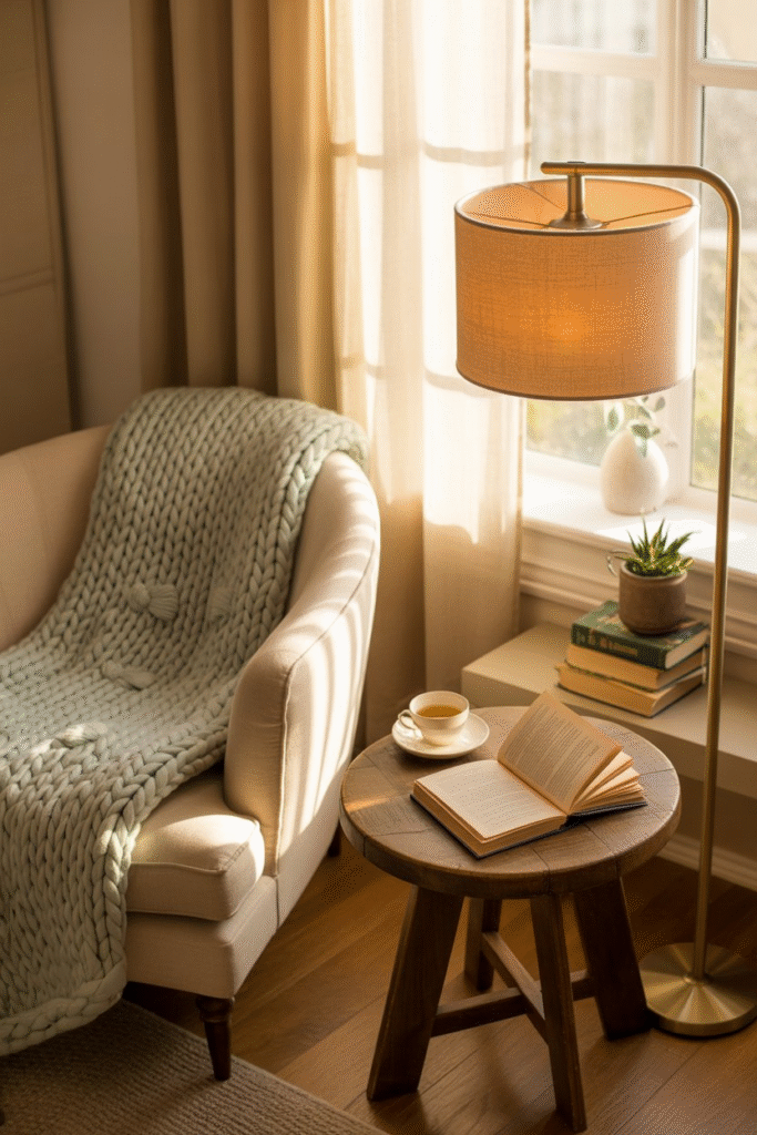 Cozy bedroom reading nook with a soft chair, blanket, and warm lamp beside a window.