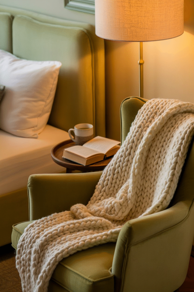 Cozy bedroom reading nook with a soft chair, blanket, and warm lamp beside a window.