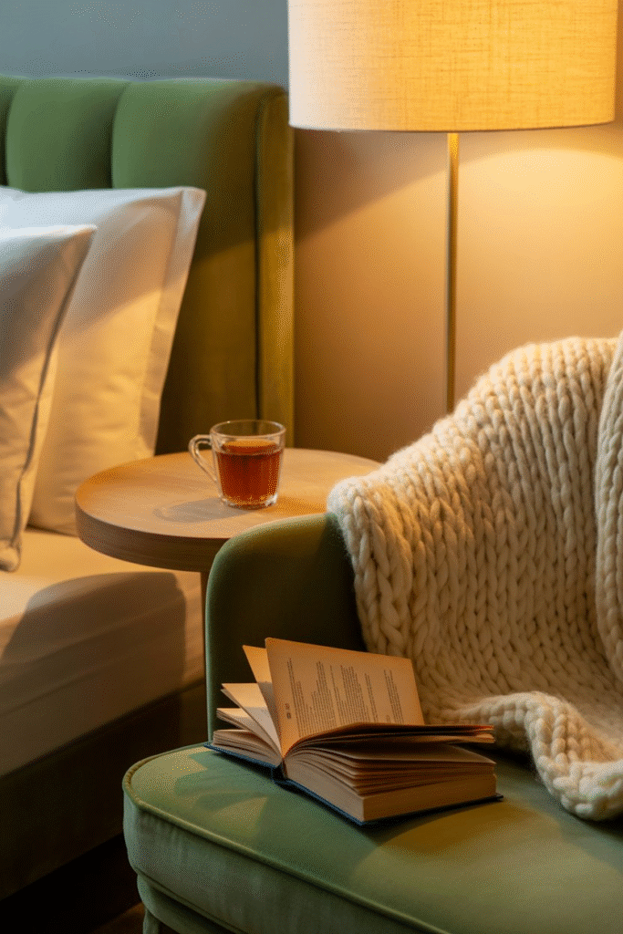 Cozy bedroom reading nook with a soft chair, blanket, and warm lamp beside a window.