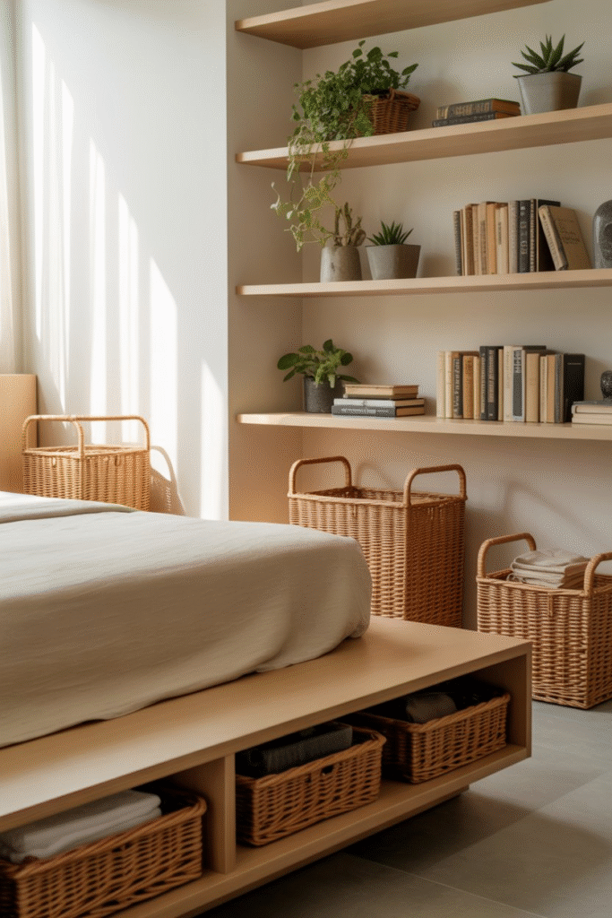 Decluttered nightstand with candle, vase, and tray in minimalist Scandinavian style.
