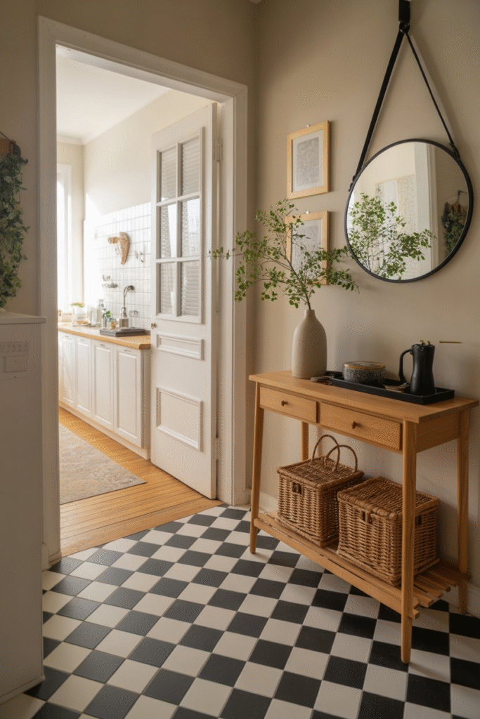 Rental entryway featuring peel-and-stick checkerboard floor tiles for a quick upgrade.
