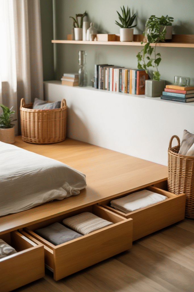 Decluttered nightstand with candle, vase, and tray in minimalist Scandinavian style.