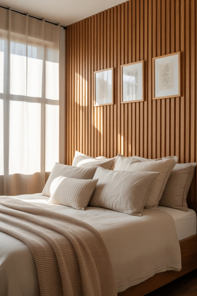 Bedroom accent wall wooden paneling adding depth and elegance behind neutral bedding.