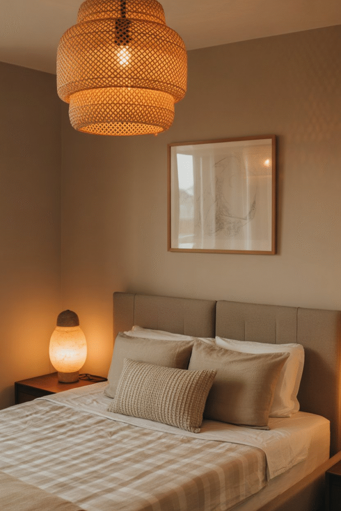 Warmly lit bedroom featuring a woven pendant and soft bedside lamps.