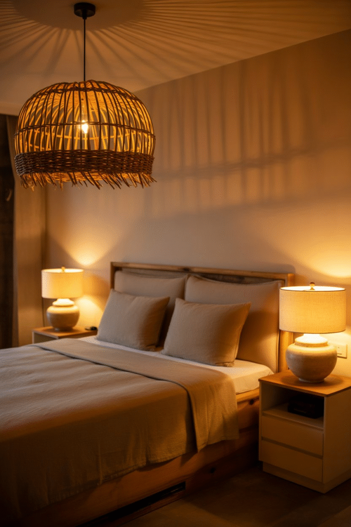 Warmly lit bedroom featuring a woven pendant and soft bedside lamps.