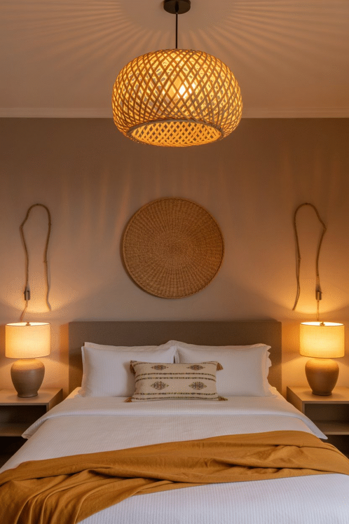 Warmly lit bedroom featuring a woven pendant and soft bedside lamps.