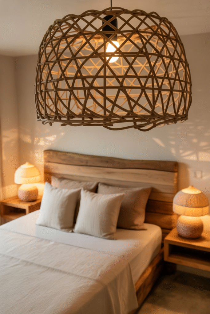 Warmly lit bedroom featuring a woven pendant and soft bedside lamps.
