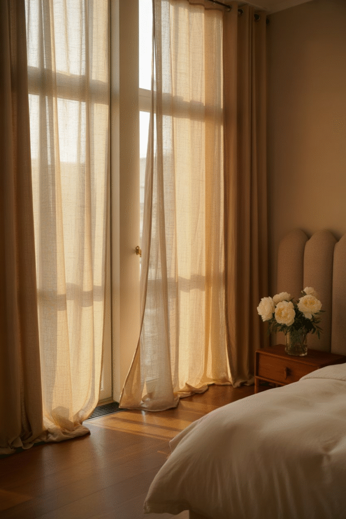 Bedroom with soft linen curtains allowing sunlight to create a tranquil glow.