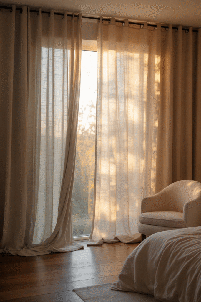 Bedroom with soft linen curtains allowing sunlight to create a tranquil glow.