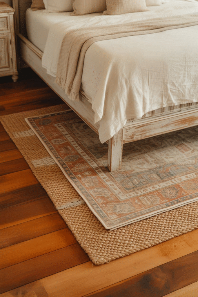 Layered rugs in bedroom featuring jute and vintage patterns for cozy depth.