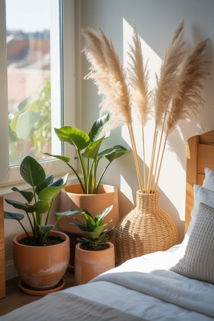 Greenery-filled bedroom with natural materials and airy light creating a serene vibe.