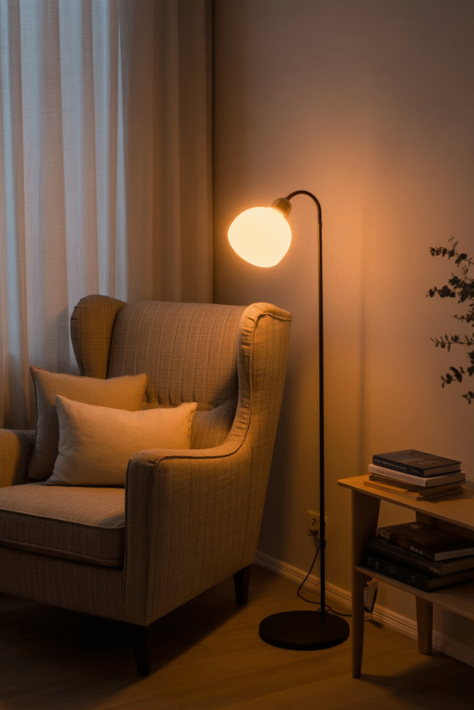 Cozy living room corner with plug-in floor lamp creating warm ambient light.
