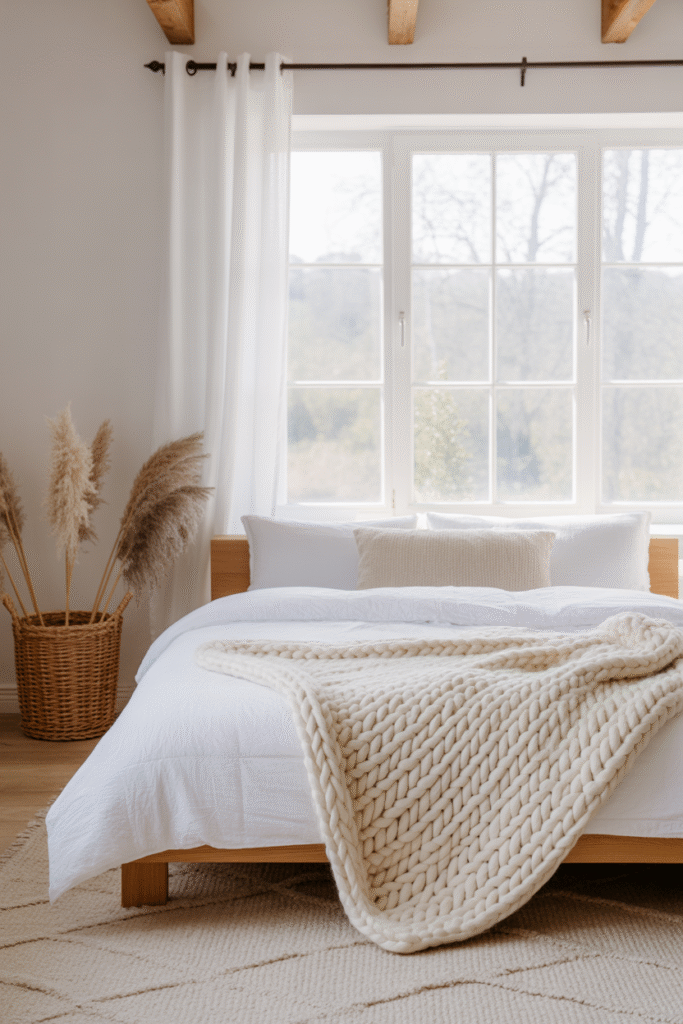 Neutral bedroom with layered linen bedding and natural wood accents under soft daylight.