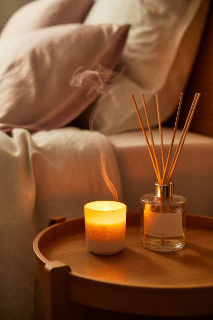 Candle and diffuser setup on bedside table creating soothing bedroom scent.
