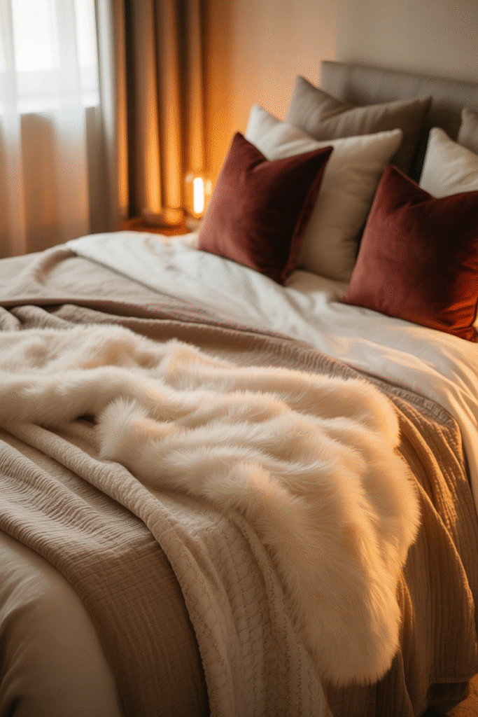 Layered seasonal textures with velvet and faux fur in cozy bedroom.
