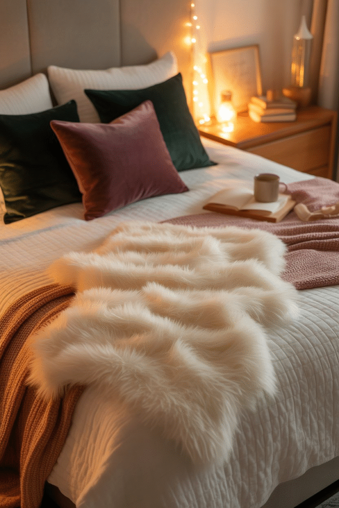 Layered seasonal textures with velvet and faux fur in cozy bedroom.