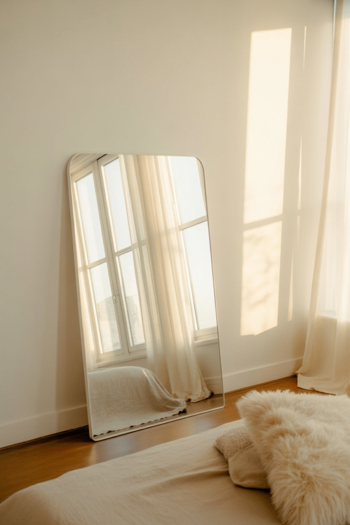Large leaning mirror reflecting light in a bright neutral bedroom interior