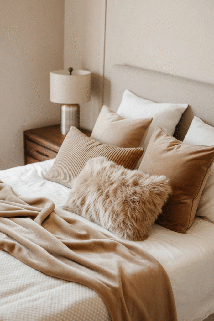 Layered seasonal textures with velvet and faux fur in cozy bedroom.