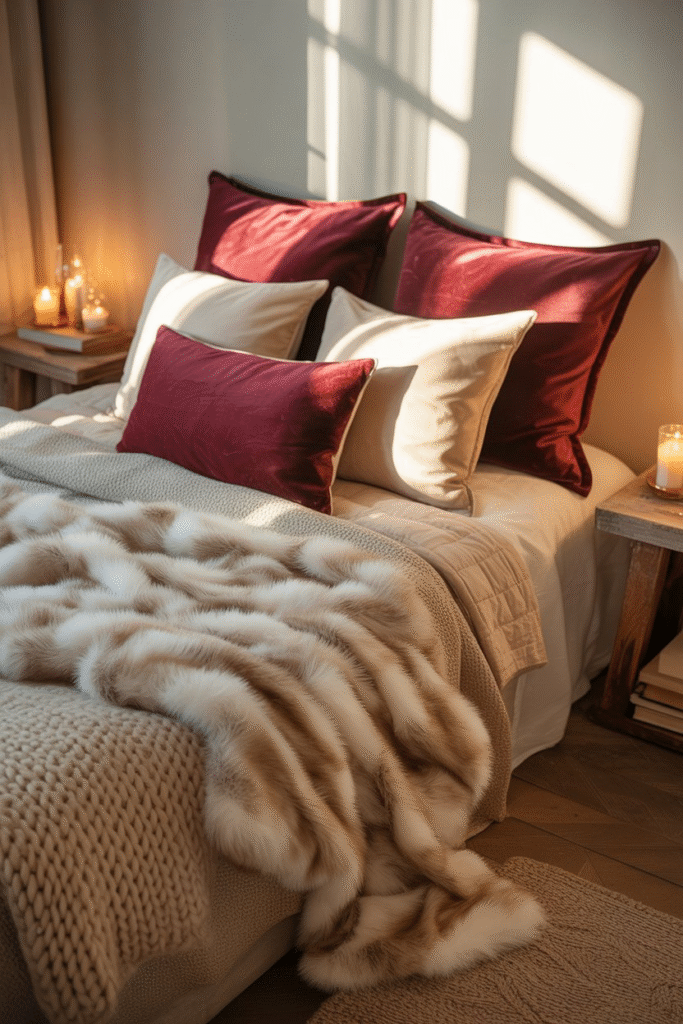 Layered seasonal textures with velvet and faux fur in cozy bedroom.