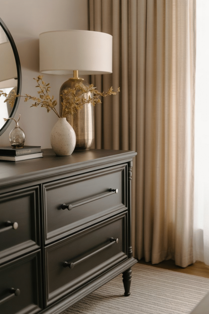 Updated brass and black hardware details in modern neutral bedroom.