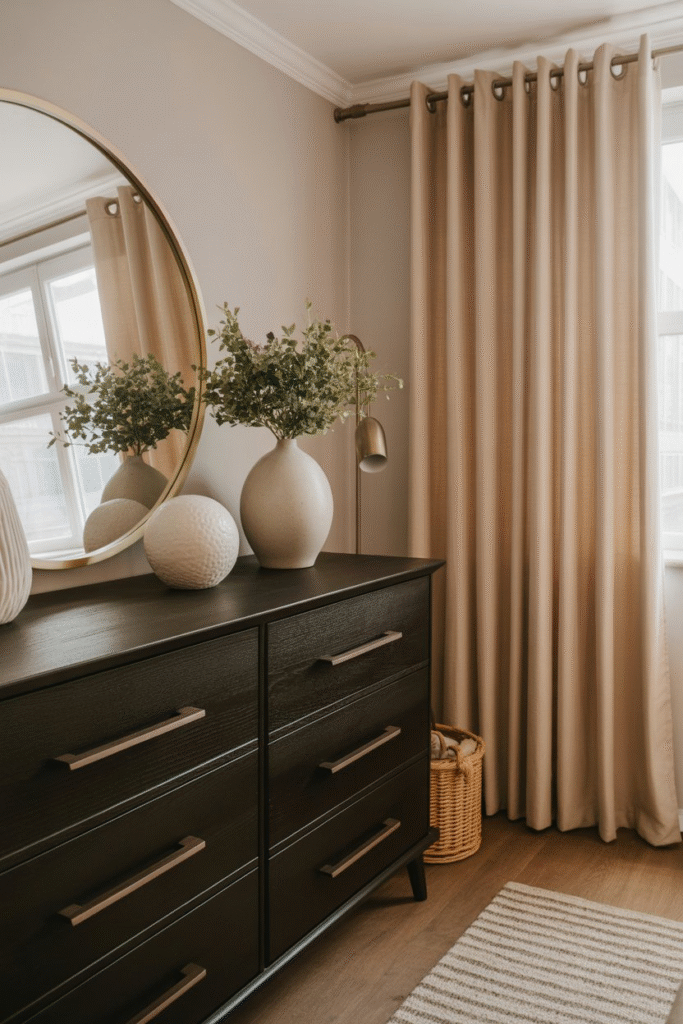 Updated brass and black hardware details in modern neutral bedroom.