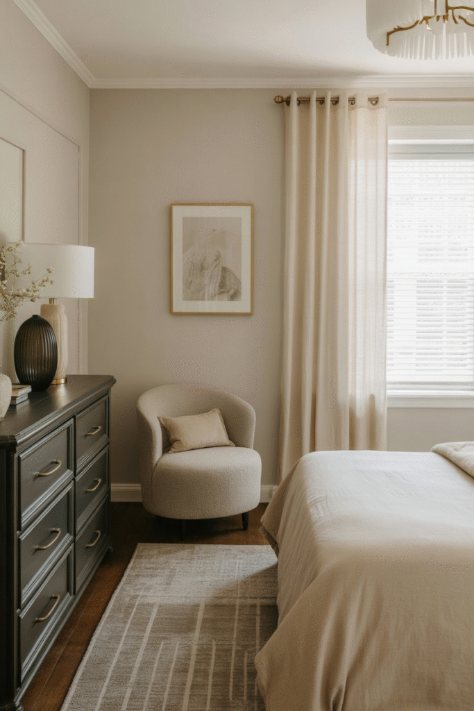 Updated brass and black hardware details in modern neutral bedroom.