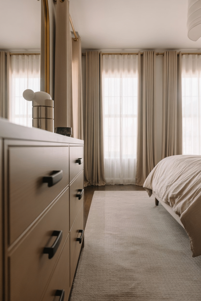 Updated brass and black hardware details in modern neutral bedroom.