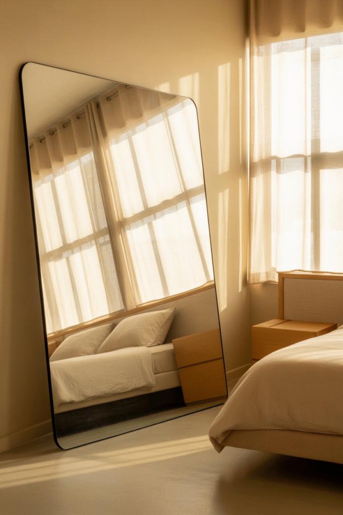 Bright bedroom with large mirror reflecting soft daylight.