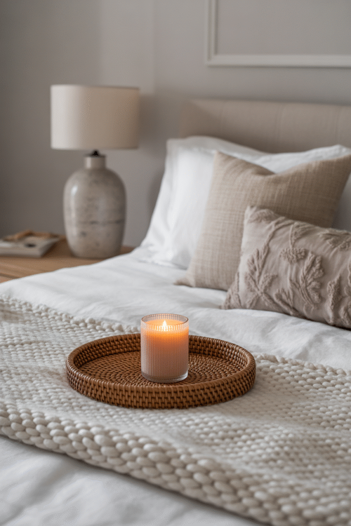 Cozy bed styling with layered fabrics and natural materials for added warmth.