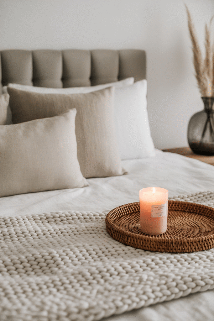 Cozy bed styling with layered fabrics and natural materials for added warmth.