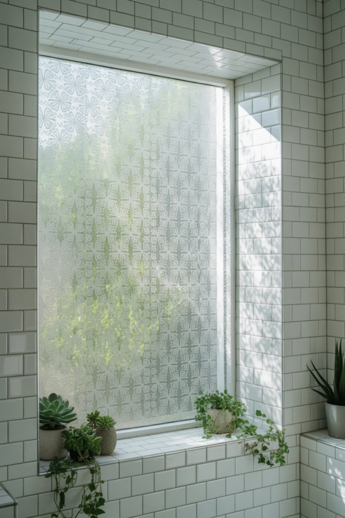 Bathroom window with frosted removable film allowing light and privacy in modern decor.