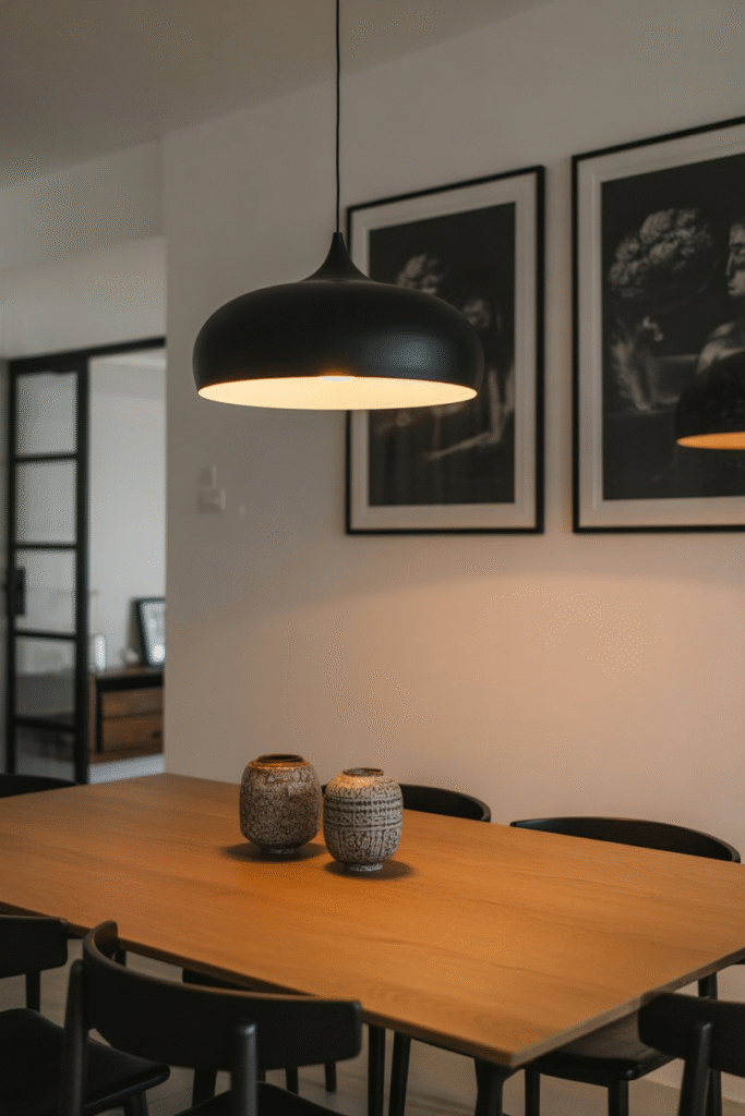 Dining area with modern plug-in pendant light over wooden table for renter-friendly upgrade.