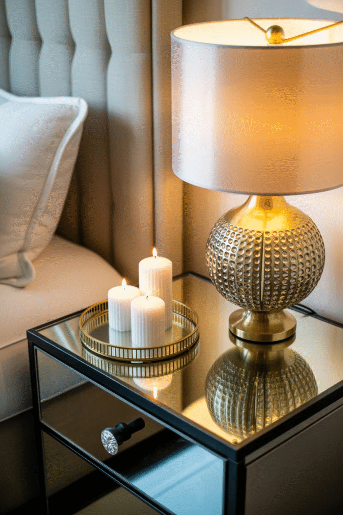 Bedroom nightstand styled with metallic gold accents and mirrored decor for luxe appeal.