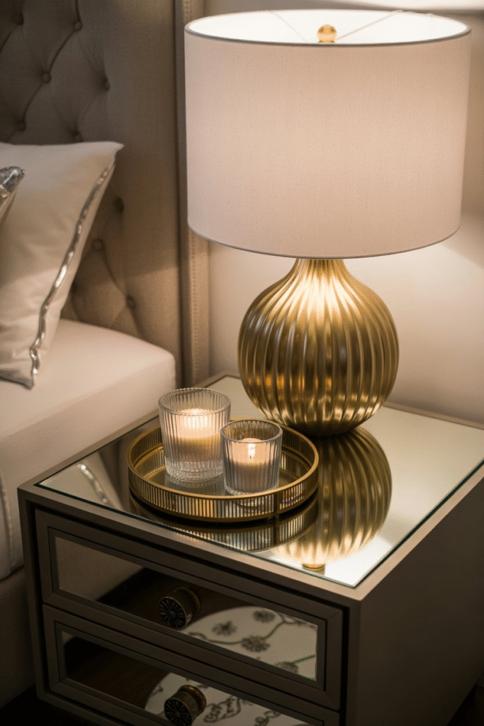 Bedroom nightstand styled with metallic gold accents and mirrored decor for luxe appeal.