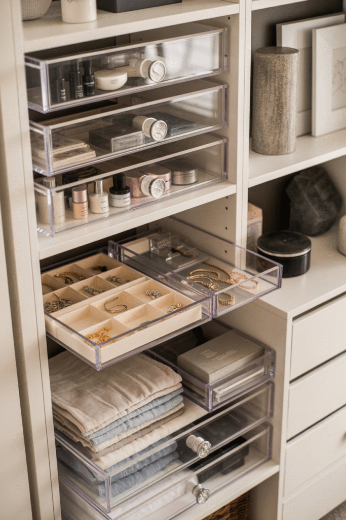 Organized bedroom shelf with acrylic drawers and neatly arranged skincare and jewelry.