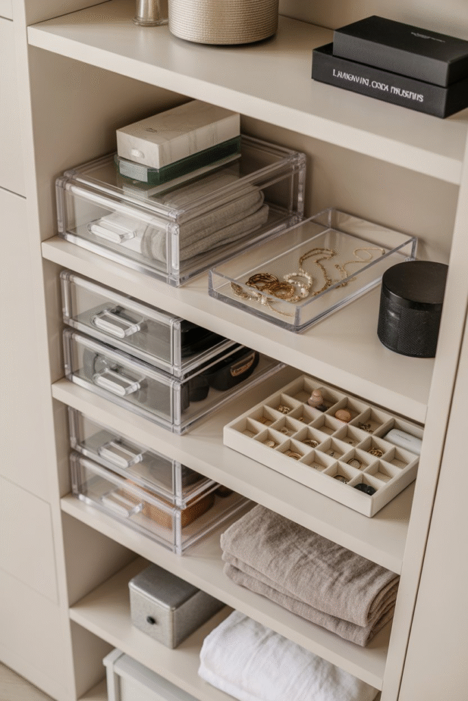 Organized bedroom shelf with acrylic drawers and neatly arranged skincare and jewelry.