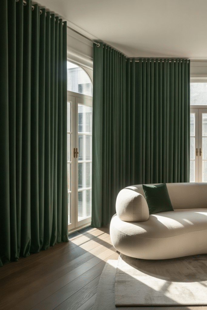 floor to ceiling window treatment ideas with velvet green drapes.