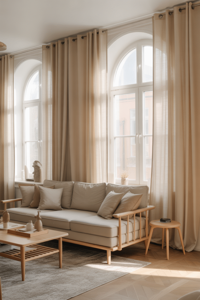 Beige floor to ceiling curtains in a modern Scandinavian living room.