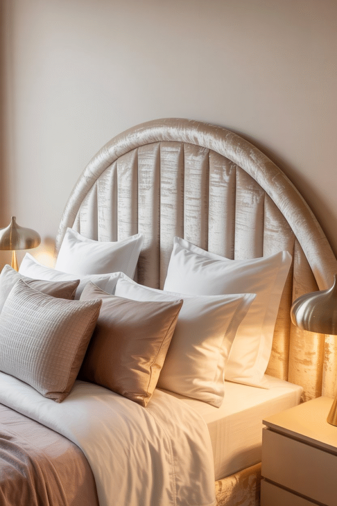 Bedroom with curved champagne velvet headboard and soft layered bedding.