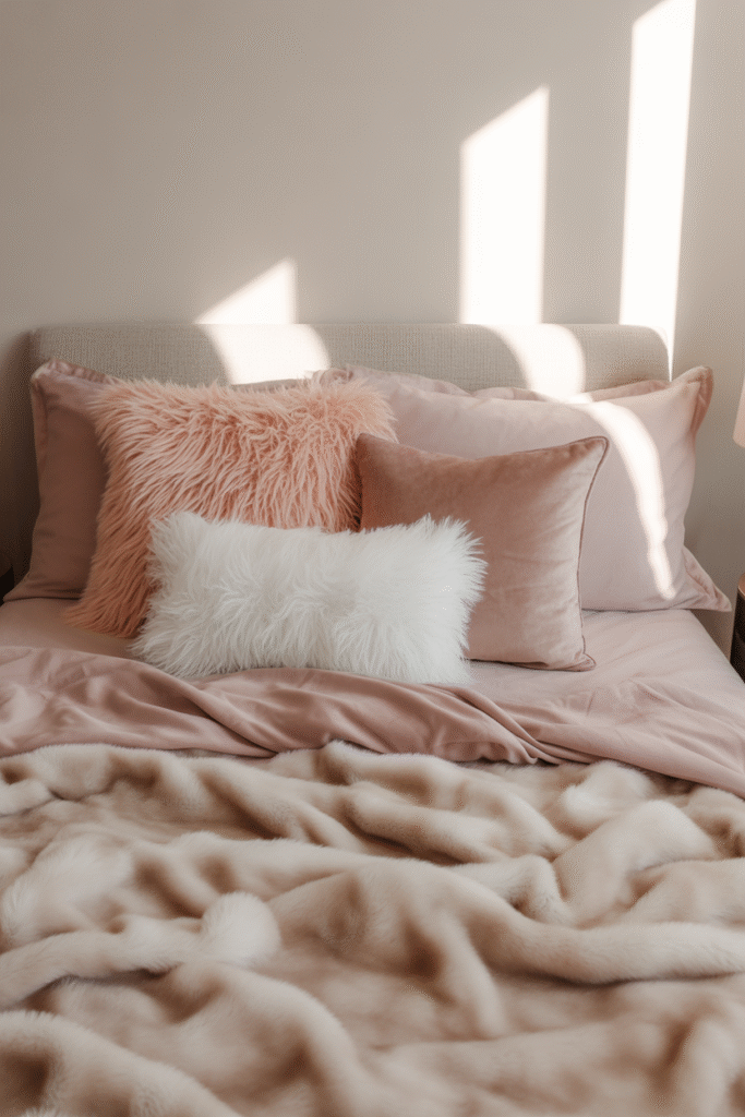 Bed styled with plush faux fur and velvet textures in warm neutral tones.