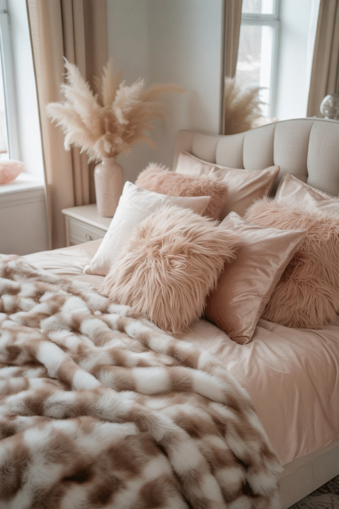 Bed styled with plush faux fur and velvet textures in warm neutral tones.