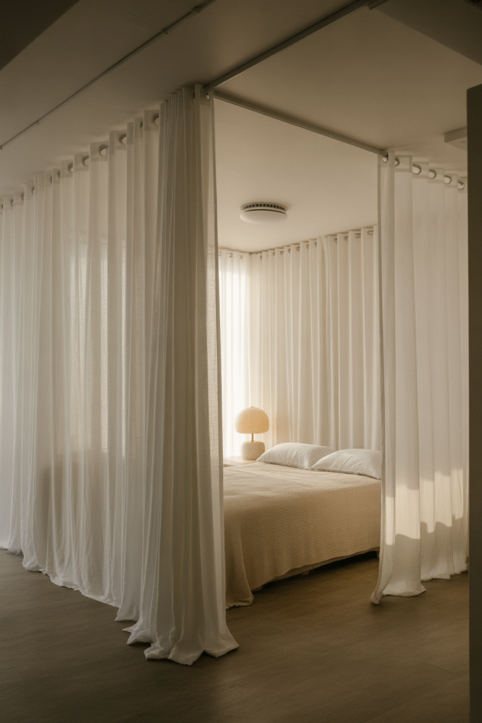 Ceiling-mounted sheer panels flowing to the floor in a minimalist bedroom.