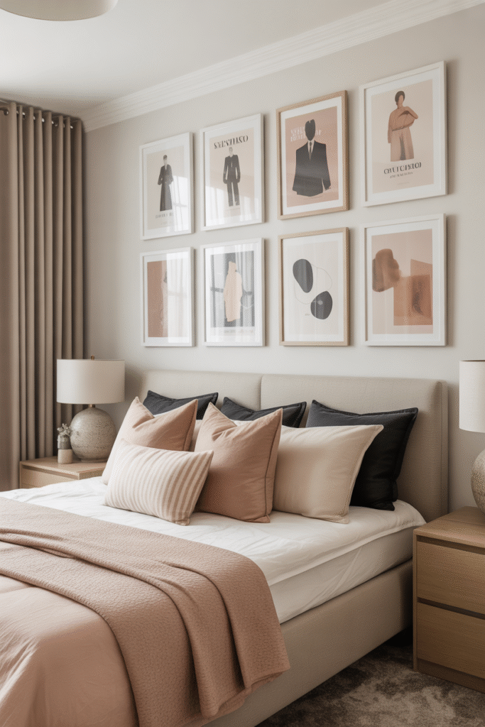 Gallery wall of fashion prints and minimalist art arranged above bed in cohesive colors.