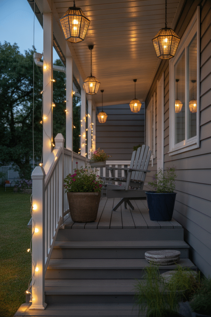Cozy porch at dusk illuminated by solar lanterns and fairy lights creating warm ambiance.